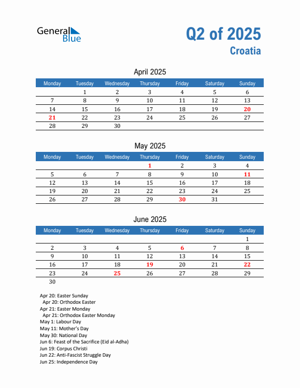 Croatia Q2 2025 Quarterly Calendar with Monday Start