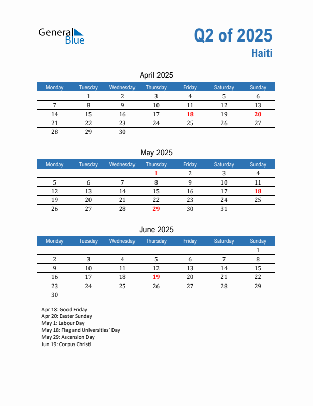 Haiti Q2 2025 Quarterly Calendar with Monday Start