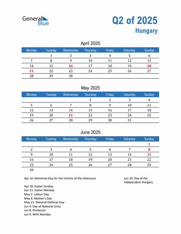 Hungary Q2 2025 Quarterly Calendar with Monday Start