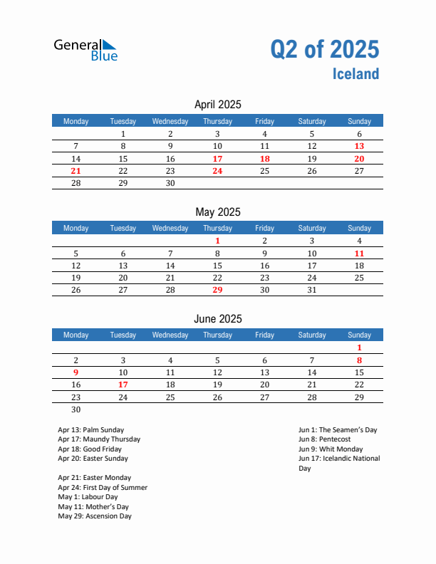 Iceland Q2 2025 Quarterly Calendar with Monday Start