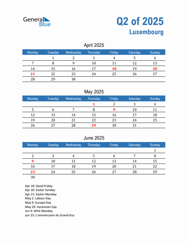 Luxembourg Q2 2025 Quarterly Calendar with Monday Start