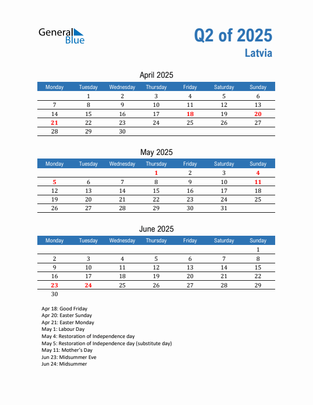 Latvia Q2 2025 Quarterly Calendar with Monday Start