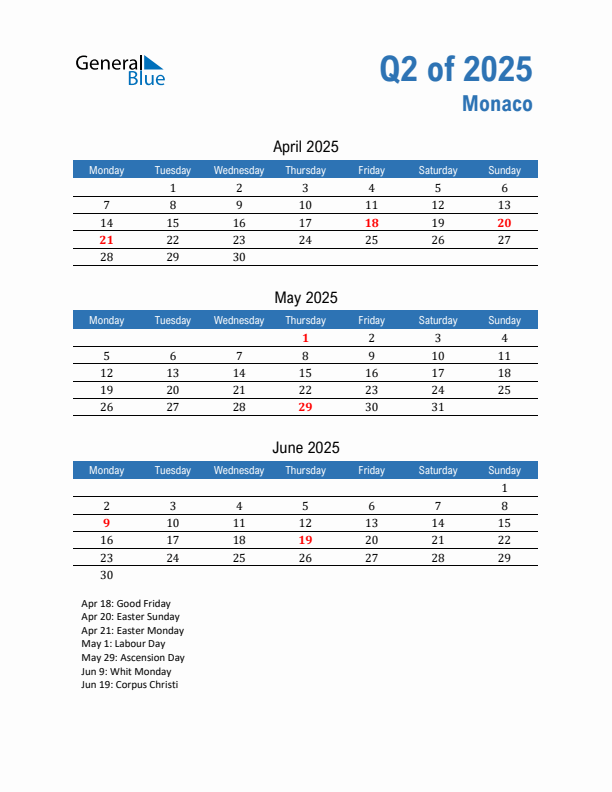 Monaco Q2 2025 Quarterly Calendar with Monday Start