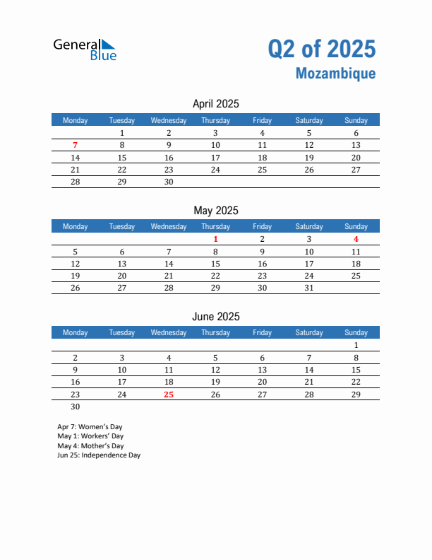 Mozambique Q2 2025 Quarterly Calendar with Monday Start