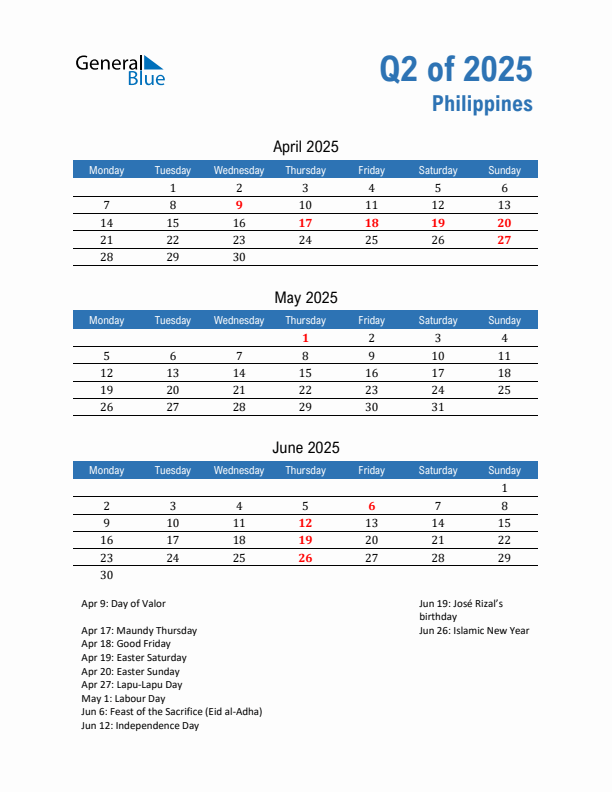 Philippines Q2 2025 Quarterly Calendar with Monday Start