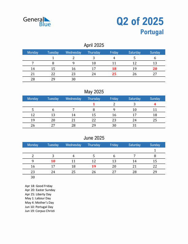 Portugal Q2 2025 Quarterly Calendar with Monday Start