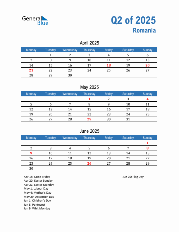 Romania Q2 2025 Quarterly Calendar with Monday Start