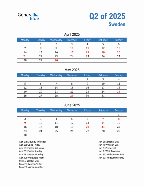 Sweden Q2 2025 Quarterly Calendar with Monday Start