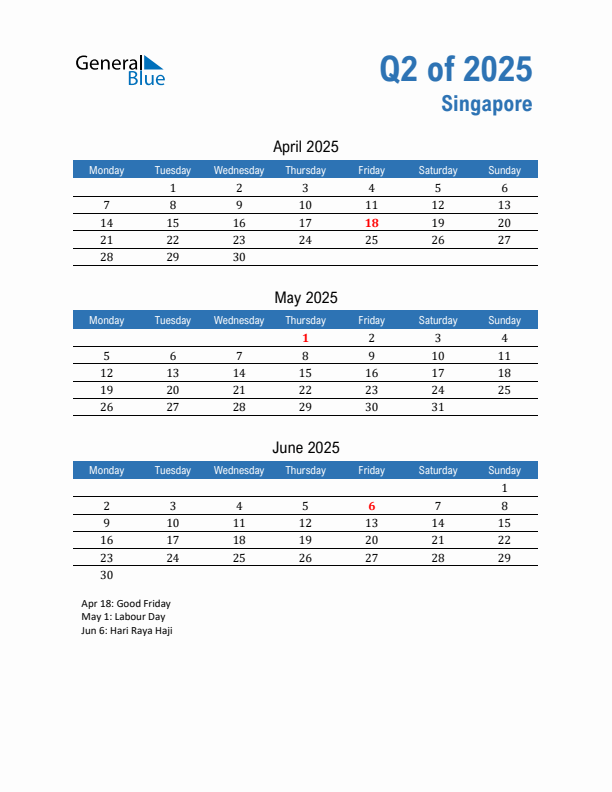 Singapore Q2 2025 Quarterly Calendar with Monday Start