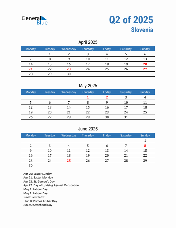 Slovenia Q2 2025 Quarterly Calendar with Monday Start