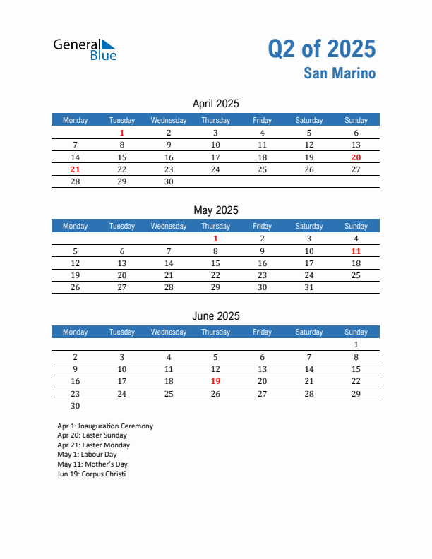 San Marino Q2 2025 Quarterly Calendar with Monday Start