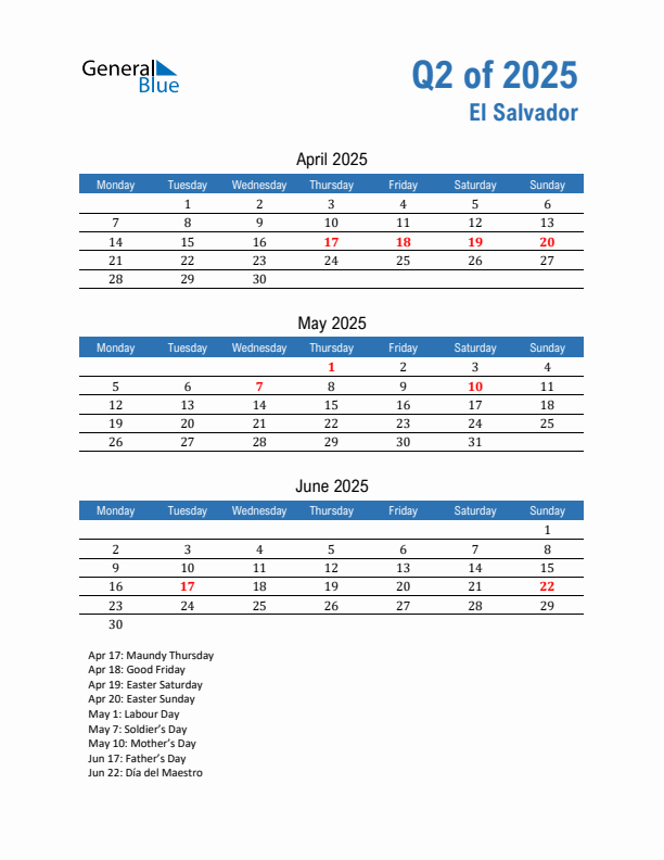 El Salvador Q2 2025 Quarterly Calendar with Monday Start