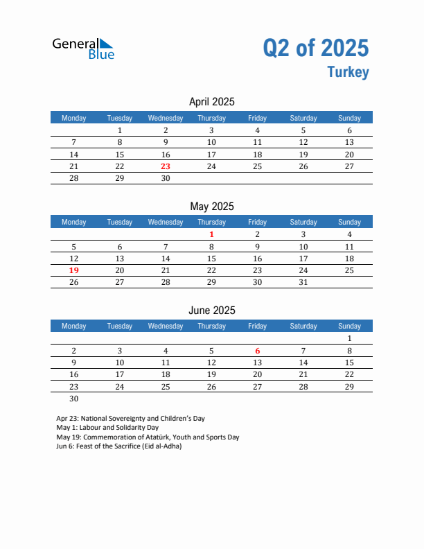 Turkey Q2 2025 Quarterly Calendar with Monday Start