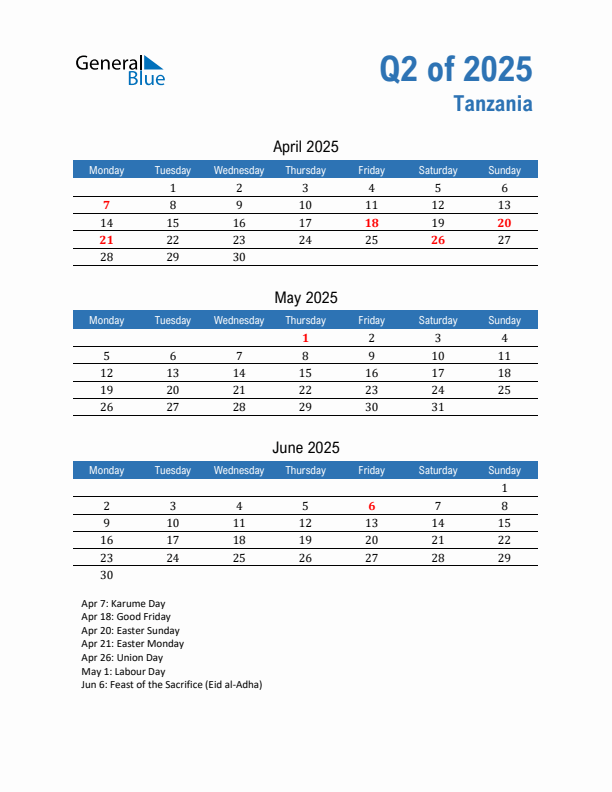 Tanzania Q2 2025 Quarterly Calendar with Monday Start