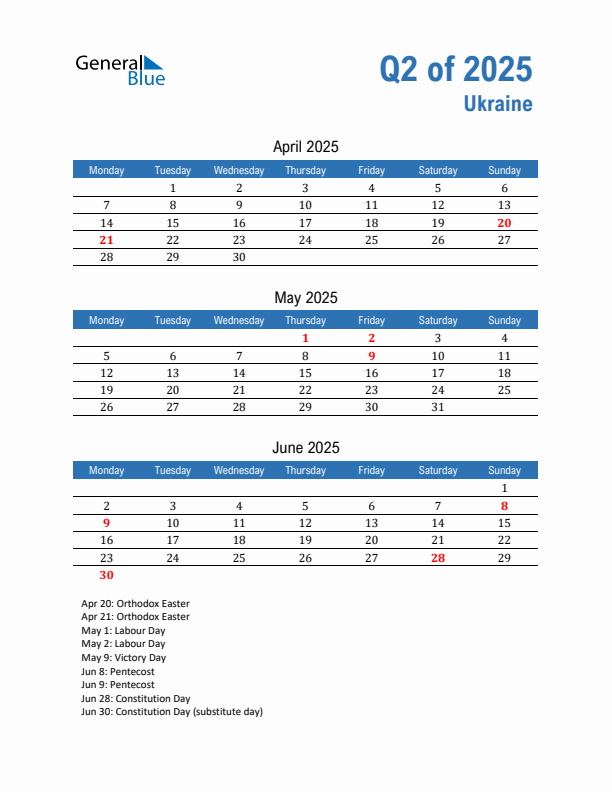 Ukraine Q2 2025 Quarterly Calendar with Monday Start