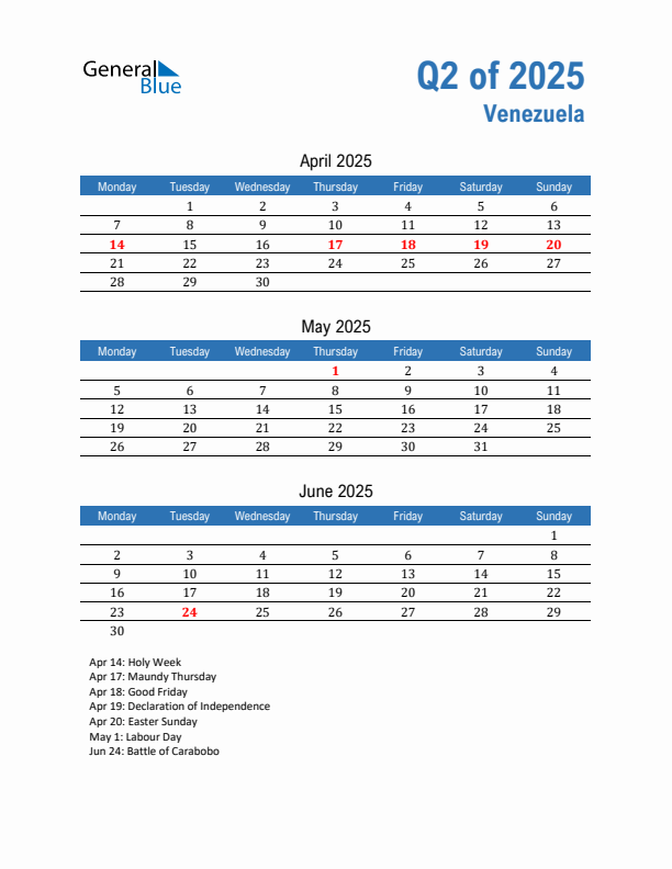 Venezuela Q2 2025 Quarterly Calendar with Monday Start