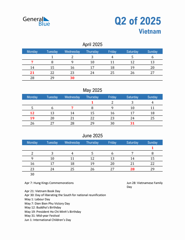 Vietnam Q2 2025 Quarterly Calendar with Monday Start