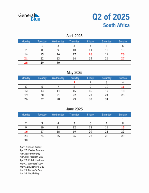 South Africa Q2 2025 Quarterly Calendar with Monday Start