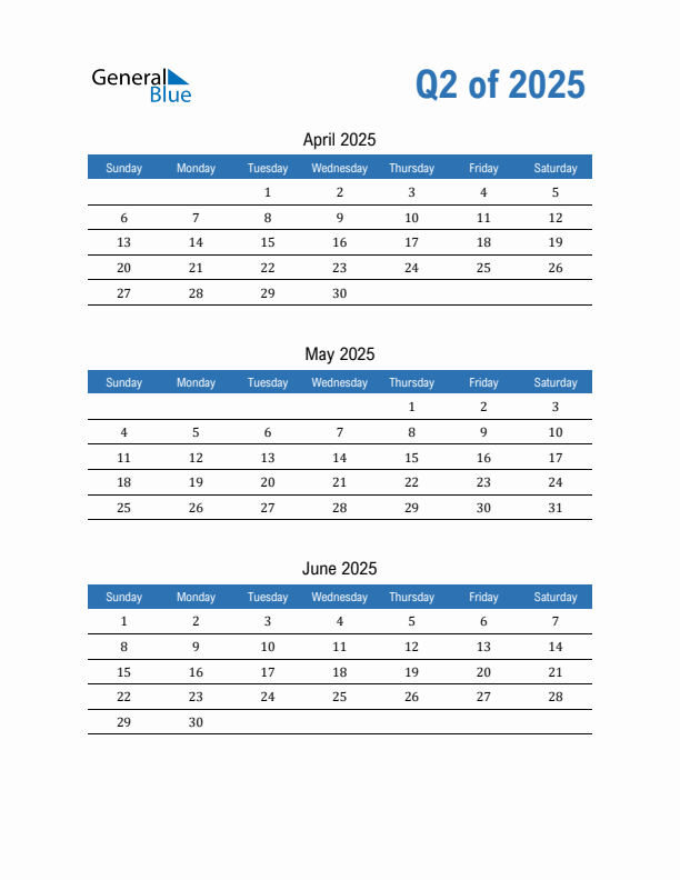 Fillable Quarterly Calendar for Q2 2025