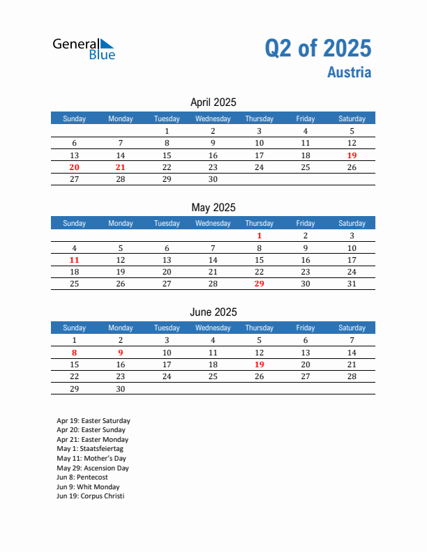 Austria Q2 2025 Quarterly Calendar with Sunday Start