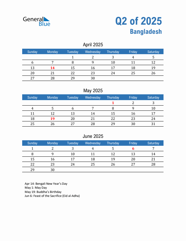 Bangladesh Q2 2025 Quarterly Calendar with Sunday Start