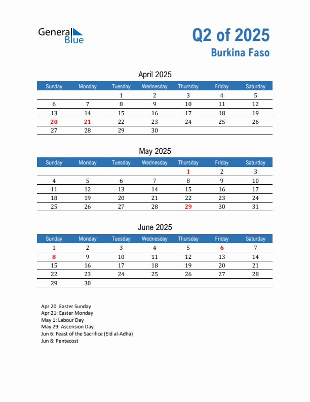 Burkina Faso Q2 2025 Quarterly Calendar with Sunday Start