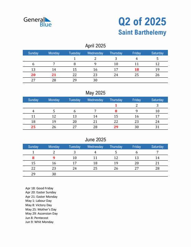 Saint Barthelemy Q2 2025 Quarterly Calendar with Sunday Start