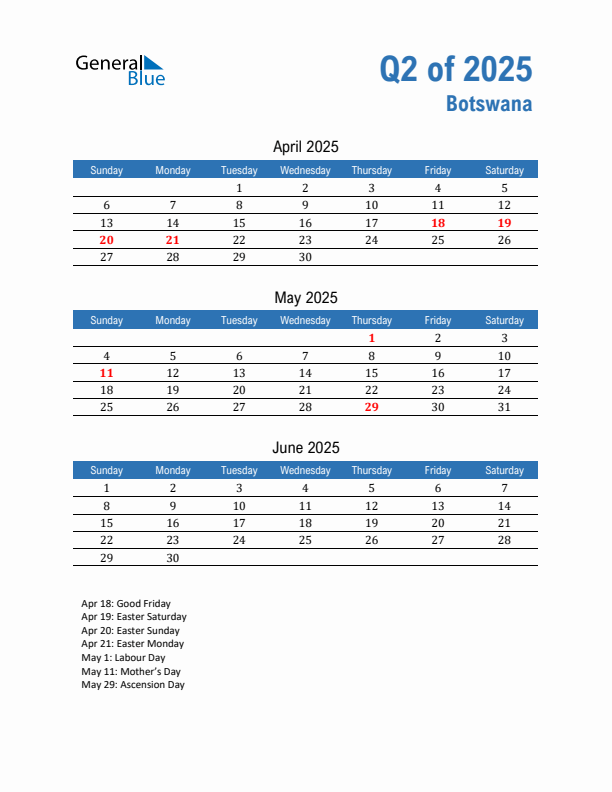 Botswana Q2 2025 Quarterly Calendar with Sunday Start