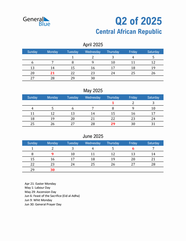 Central African Republic Q2 2025 Quarterly Calendar with Sunday Start