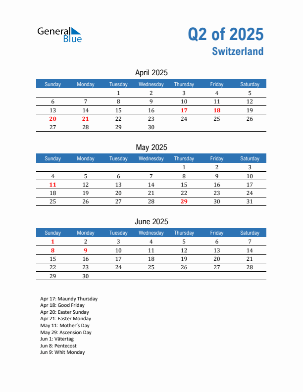 Switzerland Q2 2025 Quarterly Calendar with Sunday Start