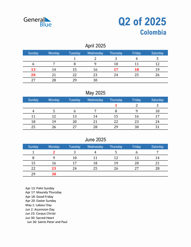 Colombia Q2 2025 Quarterly Calendar with Sunday Start