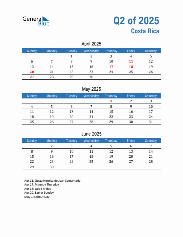 Costa Rica Q2 2025 Quarterly Calendar with Sunday Start