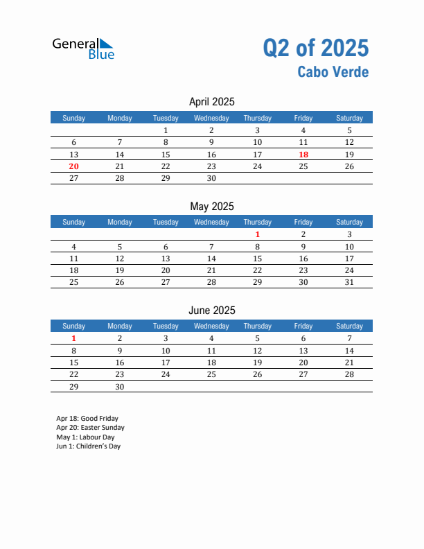 Cabo Verde Q2 2025 Quarterly Calendar with Sunday Start