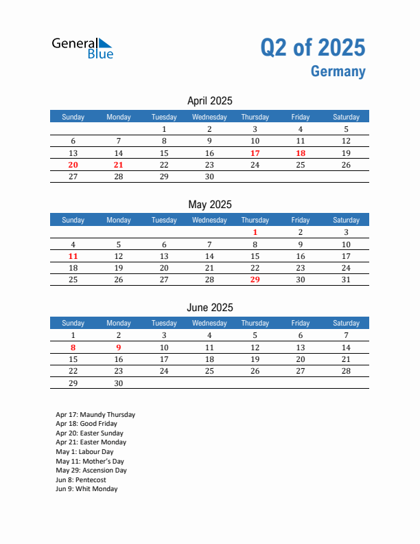 Germany Q2 2025 Quarterly Calendar with Sunday Start