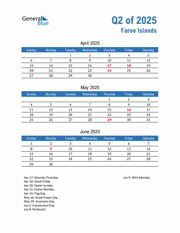 Faroe Islands Q2 2025 Quarterly Calendar with Sunday Start