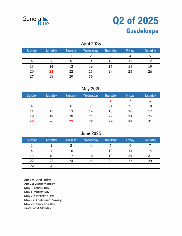 Guadeloupe Q2 2025 Quarterly Calendar with Sunday Start