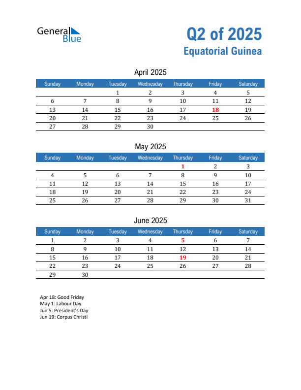 Equatorial Guinea Q2 2025 Quarterly Calendar with Sunday Start