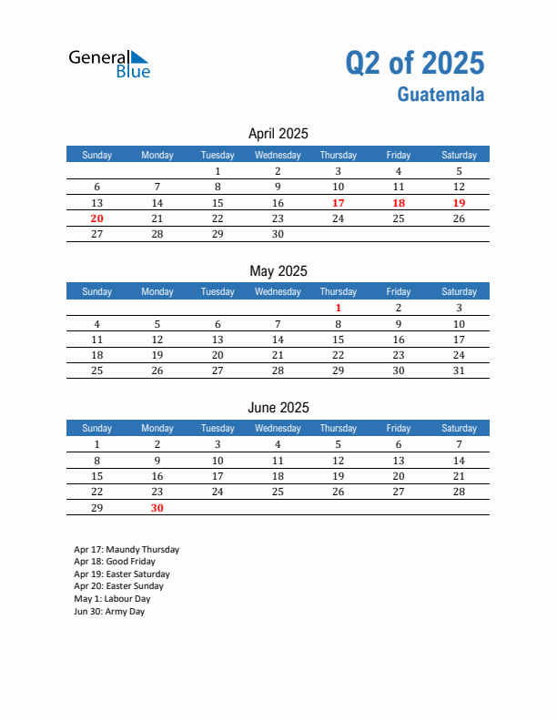 Guatemala Q2 2025 Quarterly Calendar with Sunday Start