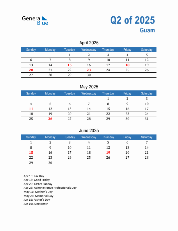 Guam Q2 2025 Quarterly Calendar with Sunday Start