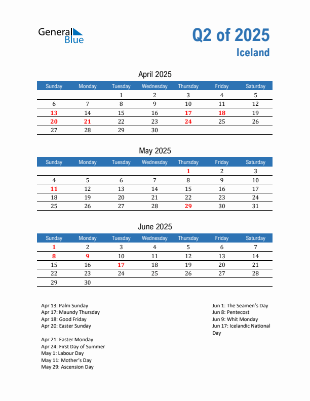 Iceland Q2 2025 Quarterly Calendar with Sunday Start