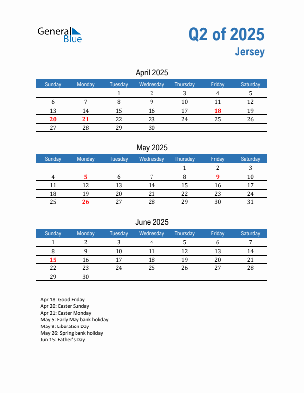 Jersey Q2 2025 Quarterly Calendar with Sunday Start