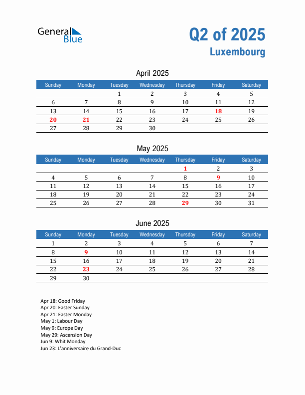 Luxembourg Q2 2025 Quarterly Calendar with Sunday Start