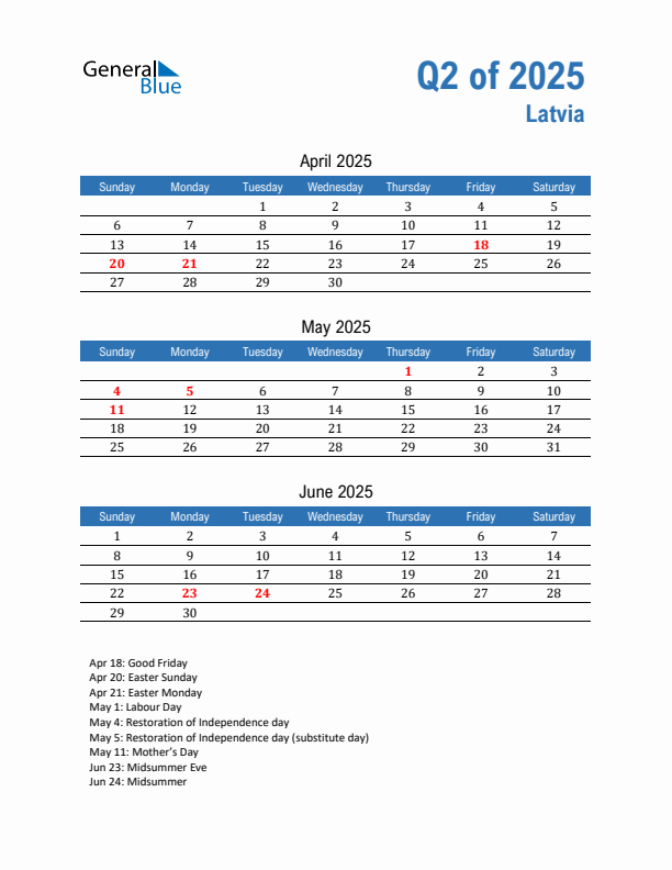 Latvia Q2 2025 Quarterly Calendar with Sunday Start