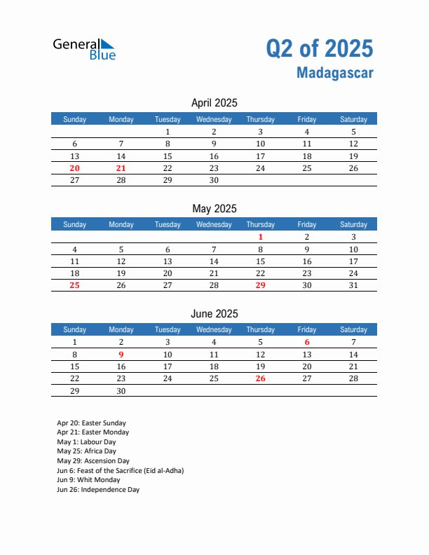 Madagascar Q2 2025 Quarterly Calendar with Sunday Start