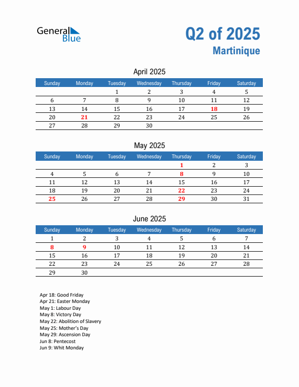 Martinique Q2 2025 Quarterly Calendar with Sunday Start