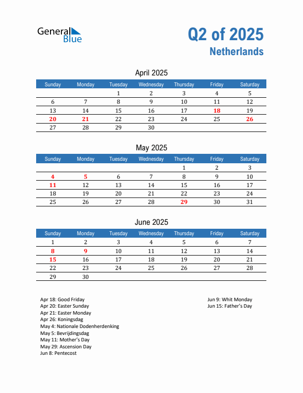 The Netherlands Q2 2025 Quarterly Calendar with Sunday Start