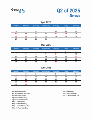 Norway Quarter 2 2025 calendar template