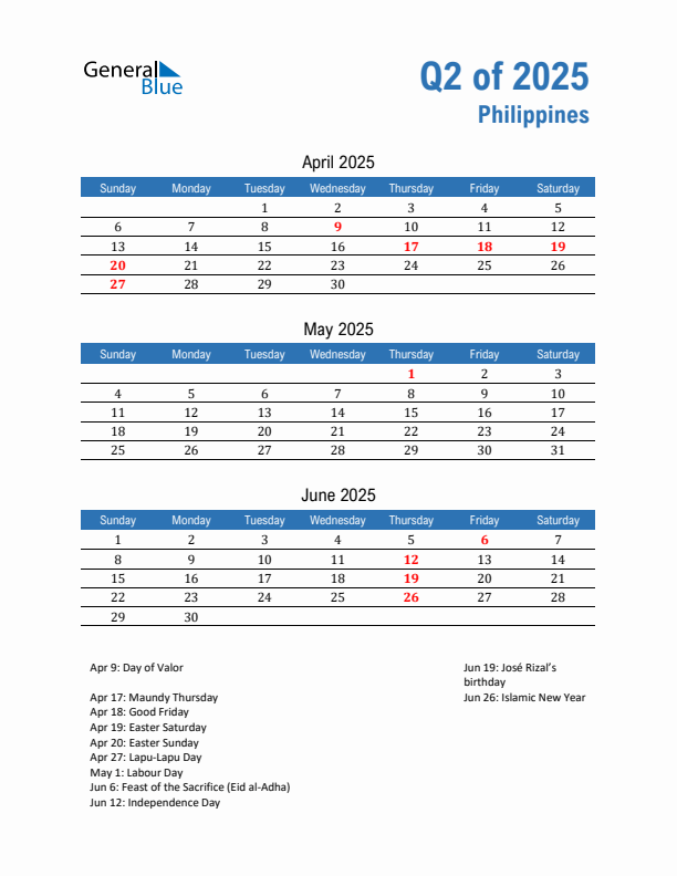 Philippines Q2 2025 Quarterly Calendar with Sunday Start