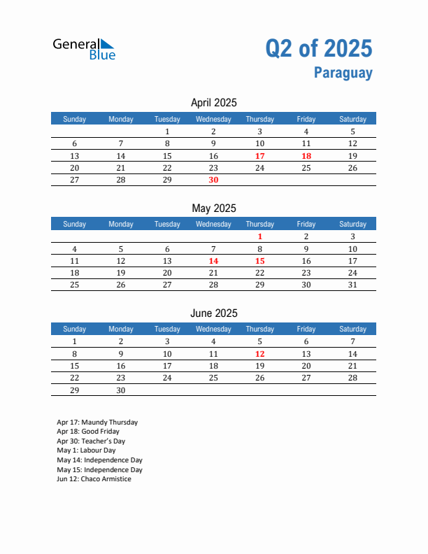 Paraguay Q2 2025 Quarterly Calendar with Sunday Start