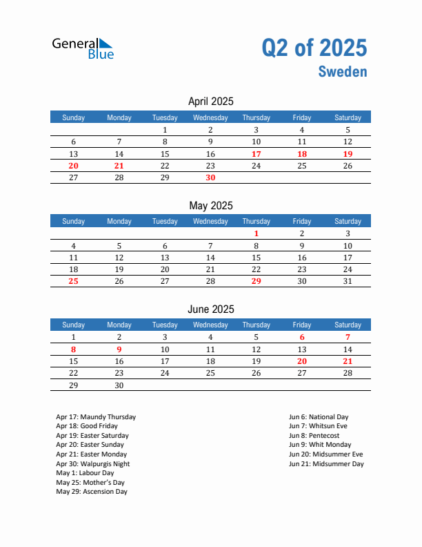 Sweden Q2 2025 Quarterly Calendar with Sunday Start